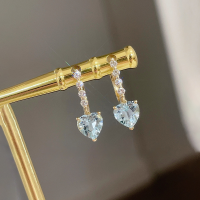 wholesale S925 sterling silver overall sea blue zircon drop earrings, Ocean Heart, daily versatile minimalist and unique earrings-BE0269-Gold>925 Silver