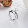 wholesale S925 Silver Retro Vintage Three-Layer Twist Pearl Drip Resin Trendy Design Open Adjustable Ring-0-0