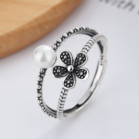 wholesale S925 Sterling Silver Vintage Retro Pearl Double-Layer Hollow-Out Floral Adjustable Ring for Elegant Ladies-YFJ382/approx. 2.31g Adjustable opening
