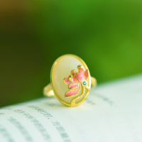 wholesale Gold-plated 925 sterling silver with certificate, cold enamel lotus flower ring, large cabochon gemstone, openable index finger ring for women-Gold model blue lotus opening adjustable