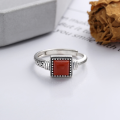 wholesale S925 Sterling Silver Ruyi Square Set with South Red Agate Accent Ring, Ethnic Bohemian Style Women's Index Finger Ring-0-1