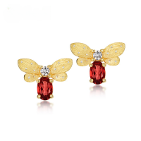 wholesale Wholesale of new luxury fashion small bee brushed earrings in S925 silver plated with 10K gold and inlaid with garnet-10K gold + swimming paint  925 silver