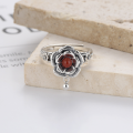 wholesale S925 silver retro antique lotus base rotating cinnabar red ethnic style open-adjustable ring-0-2