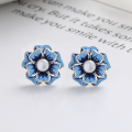 wholesale S925 Silver Vintage Style Resin Enamel Pearl Flower Elegant and Versatile Open Ring Earrings-0-2