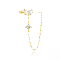 wholesale S925 Sterling Silver Butterfly Zircon Accent Tassel Chain Drop Earrings, Korean Style Unique Creative Design-Single gold 925 silver