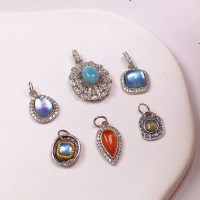 wholesale S925 Sterling Silver Vintage Style Blue Aquamarine Gold Sun Larimar Pendant Necklace DIY Component-Vintage Silver Opal Tile