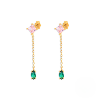 wholesale S925 Sterling Silver with Green Gemstone, Diamond, and Tassel Chain Earrings in French Style-gold
