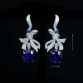 wholesale 925 Silver Gold-Plated Earrings with High-Carbon Diamonds and Royal Blue Cushion Bow Knot, Luxury Banquet Versatile Women's Earrings-0-1
