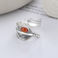 wholesale S925 Sterling Silver Retro Classic Feather Inlaid with Garnet Creative Unisex Wide Band Ring-0-1