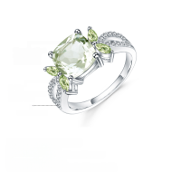 wholesale S925 Sterling Silver Luxury Fashion Natural Amethyst and Green Quartz Ring, High-End Design with Natural Gemstone-Violet Blue-Coated Crystal Ring US Size 9