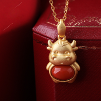 wholesale 925 Silver Gold-Plated with Earthen Red Agate Inlay, Chinese Zodiac Ox Year Link Pendant Necklace with Certificate-Small Taurus Pendant (without chain)  925 Silver