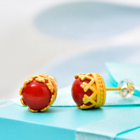 wholesale 925 Sterling Silver Gold Plated with Certificate, Vintage Palace Style Crown Earrings Set with Semi-Circular Southern Red Agate Ear Studs for Women-9*9 semi-circular earrings (with certificate)  925 silver