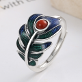 wholesale S925 Sterling Silver Vintage Style Resin Enamel Creative Feather Design Ethnic Open Adjustable Ring for Women-0-0