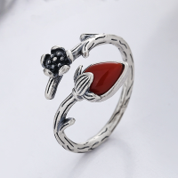 wholesale S925 Sterling Silver Southern Red Agate Three-Dimensional Floral Design Open Adjustable Ring Vintage Bohemian Ancient Style Index Finger Ring-808FJ/approx. 2.3g Adjustable opening