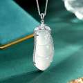 wholesale S925 Sterling Silver Natural High Ice Chalcedony Bean Pod Pendant, Chinese Style Ice-Type White Chalcedony Bean Necklace, Mother's Day Gift-0-0