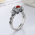 wholesale S925 Sterling Silver Antique Matte Finish Pi Coin and Southern Red Agate Ring, Literary Chinese Style-0-0