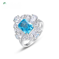 wholesale 925 Silver Light Luxury Jewelry Seasonal New Product Aquamarine Ring 10*10 High Carbon Diamond Floral Design Women's Ring-Sea blue high carbon diamond>Adjustable opening (US7)