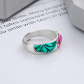 wholesale S925 Sterling Silver Retro Antique Style Enamel Lotus Flower and Leaf Three-Dimensional Design Pastoral Open Ring-0-1