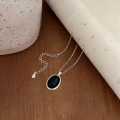 wholesale S925 Sterling Silver Oval Black Agate Necklace for Women, Korean Summer Minimalist Design High-End Collarbone Chain-0-1