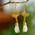 wholesale 925 silver gold-plated retro Chinese style jade earrings with hollow butterfly tassel and orchid design-0-0