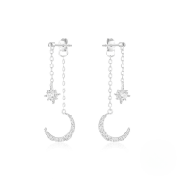 wholesale S925 Sterling Silver Star And Moon Tassel Earrings With Inlaid Zircons, Korean Style Hot-selling Bright Silver Earrings-Silver plated 925 silver