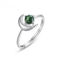wholesale S925 Silver Cross-Border New Light Luxury Aqua Chalcedony Star and Moon Zircon Crescent Ring for Women Wholesale from Manufacturers-Green moss Opening adjustable