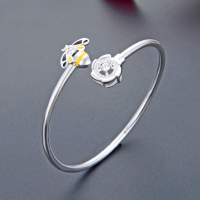 wholesale S990 Sterling Silver Bead Inlaid Open Bangle Bracelet, Fashion Korean Style Women's Jewelry Gift for Girlfriend-Pure silver bracelet about 15 grams Pure silver