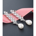 wholesale S925 sterling silver Korean-style vintage long zircon drop earrings with pearl accents, trendy and unique stud earrings-0-1