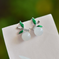 wholesale Sterling Silver with Certificate New Chinese Style Ancient Enamel Bamboo Joint Leaf Inlaid Hetian Jade Bead Jade Earrings Ear Studs for Women-0-3