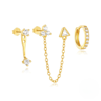 wholesale 925 Sterling Silver Marquise Petal Tassel Zircon Earring Set,-3-piece set Gold#2 925 silver