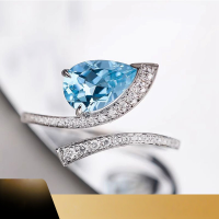 wholesale 18K gold set with natural aquamarine ring for women, accented with diamonds, fashionable and luxurious Santa Maria drop aquamarine-18K White 8-15