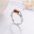 wholesale S925 Sterling Silver Retro Vintage Bamboo Leaf and Southern Red Agate Pastoral Style Light Luxury Versatile Design Open Ring-0-0