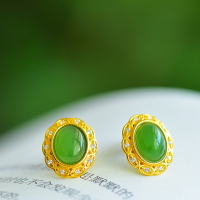 wholesale 925 Sterling Silver with Hetian Jade Inlaid New Chinese Palace Style Cabochon Jasper Stud Earrings for Women-Silver 925 silver