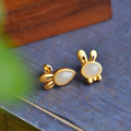 wholesale 925 Silver Gold-Plated Asymmetric Jade Rabbit Earrings with Certificate, Wholesale Versatile Commuter Ancient Style-0-2
