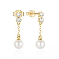 wholesale S925 Sterling Silver Zircon-accented Chain Tassel Pearl Earrings-Gold 925 silver