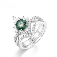 wholesale S925 Sterling Silver Cross-Border Bestseller Natural Moss-Inlaid Ring for Women, Stylish and Fashionable Aqua Agate Matching Pair for Wholesale-Green Moss (Round)>US6#