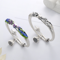 wholesale S990 Sterling Silver National Tide Cloisonné Resin Lotus Carp Lotus Pod Bracelet Ethnic Retro Adjustable Bangle-224SM/Vintage Approx. 46.2g Pure Silver