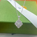 wholesale Metal Material: 999 Silver New Maker S999 Full Diamond Four-Leaf Clover Rhombus Necklace, Fashionable Light Luxury and Stylish Design Collarbone Chain Accessory-0-0