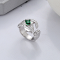 wholesale S925 Sterling Silver Korean Japanese Fashion Trendy Textured Crushed Inlaid Green Zircon Open Adjustable Ring-0-1