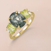 wholesale S925 Metal Designer-style Fresh and Elegant Natural Moss Agate Ring, Wholesale of Niche High-end Gemstone Rings-Natural Water Grass Agate Ring  US Size 6