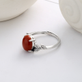 wholesale S925 Sterling Silver Retro Vintage Rustic Style Leaf Three-Dimensional Design with Southern Red Agate Openable Ring-0-2