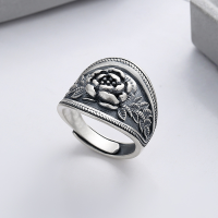 wholesale S925 Sterling Silver Vintage Matte Creative 3D Rose Flower Ring Literary Palace Style Index Finger Ring-718J/approx. 9.1g Opening adjustable