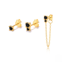 wholesale S925 Sterling Silver Asymmetrical Chain Tassel Zircon Earrings Set-Gold-3 pieces set with black diamonds