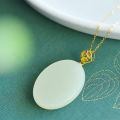 wholesale 18K Gold Certified Minimalist Hotan Jade Pendant with Prong Setting, Small Niche Luxury Large Cabochon Gemstone Necklace for Women-0-0