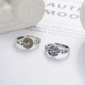 wholesale S925 Sterling Silver Retro Antique Coin Ring Holder with Interchangeable Rotating Compass and Auspicious Top Open Ring-0-0