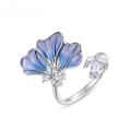 wholesale Metal light luxury high-end gradient openwork enamel blue petal ring for women, elegant and versatile adjustable open ring-0-0