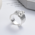 wholesale S925 Sterling Silver Retro Vintage Heavy Duty Wide Textured Bell Pendant Ring Trendy Open Adjustable Finger Ring-0-1