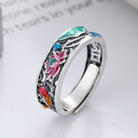 wholesale S990 Silver Ethnic Style Drip Glaze Colored Lotus and Koi Openwork Matte Adjustable Ring-819FJ/approx. 4g Adjustable opening