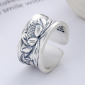 wholesale S925 Sterling Silver Retro Cloisonné Enamel Resin Colored Glaze Lotus Wide Band Adjustable Ring Ethnic Style-0-2