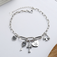 wholesale Sterling Silver S925 Korean Style Ins Heart Key Cross Multi-Component Personalized Bracelet Vintage Thai Silver Bracelet-YS061 approx. 8.41g 925 sterling silver